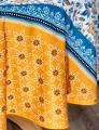 Nappe Indienne fleurie, double bordure, safran, bleu turquoise, ronde Ø 180 cm, 100% polyester anti-taches