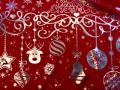 Nappe guirlande de Noël, rennes, cloches, sapins, argenté, fond rouge, rectangulaire, 100% polyester anti-taches