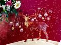 Nappe de Noël New Renna, boules argentées et dorées, rennes dorés, bleu ou rouge, fond écrue, rectangulaire centrée 140x260 cm, polycoton jacquard lurex, réversible 