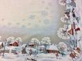Nappe Village de Laponie, cerfs, oiseaux, sapins, flocons, beige, gris, blanc, centrée, carrée 140x140 cm, polycoton jacquard