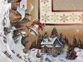 Nappe hivernale, village de Dickens, chalets, sapins, neige, flocons, cloches, centrée, marron ou bleu, rectangulaire, polycoton jacquard