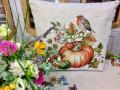 Housse de coussin, Citrouille, oiseau ou tournesol, fond beige, carrée 45x45 cm, polycoton jacquard