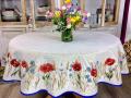 Nappe Fleurie, coquelicots, bleuets, blé, fond beige marbré, centrée, ronde Ø165 cm, polycoton Jacquard