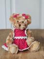 Peluche oursonne, robe rouge, petits pois blancs, dentelle, 25 cm, polyester