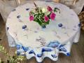 Nappe Ginkgo bleu-indigo, feuilles, fond blanc, ronde &Oslash;160 cm, 100% polyester anti-taches