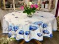 Nappe Ginkgo bleu-indigo, feuilles, fond blanc, ronde &Oslash;160 cm, 100% polyester anti-taches
