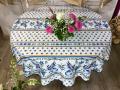 Nappe proven&ccedil;ale, Moustiers bleu classique, sur fond &eacute;cru, ronde &Oslash;160 cm, 100% polyester anti-taches