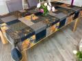 Nappe Patchwork, Dora, feuilles, orang&eacute;es, sur fond gris et noir, rectangulaire 150x240 cm, 100% polyester anti-taches