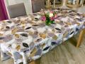 Nappe Abanicos, feuillage, dor&eacute;, blanc, gris, noir, ovale 150X240 cm, 100% polyester anti-taches