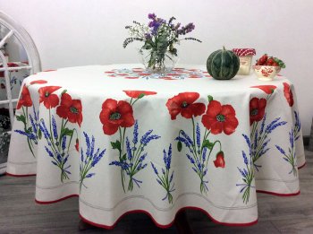 Nappe provençale Coquelicots centrée ou linéaire, fond écru ou bleu, ronde, 100% coton et coton enduit anti-taches