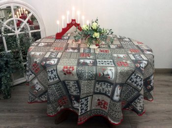 Nappe Bonhommes de neige sur fond gris, ronde Ø 180 cm, polycoton