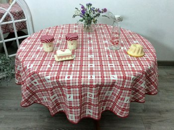 Nappe Au coeur de l’Alsace, carreaux rouge ou bleu, ronde Ø 160 cm, 100% coton ou coton enduit anti-taches