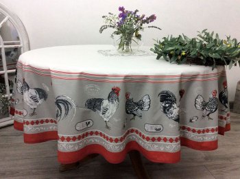 Nappe centrée Poules et Coqs gris, ronde Ø 180 cm, 100% coton