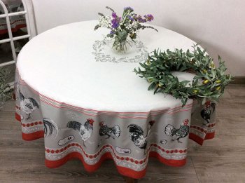 Nappe centrée Poules et Coqs gris, ronde Ø 180 cm, 100% coton