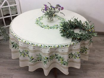 Nappe provençale Ramatuelle centrée, bouquets et couronne d’olives, ronde, Ø 180 cm, 100% coton ou coton enduit anti-taches