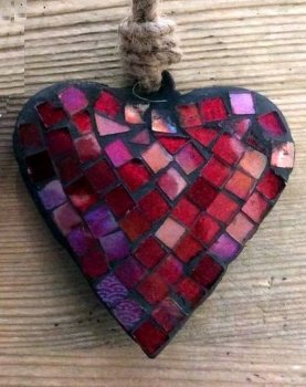 Coeur mosaïque rouge, verre, 8x8x1 cm et 10x10x1,5 cm