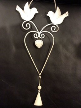 Guirlande coeur, oiseaux et clochette, plat, 11x24 cm, métal blanc