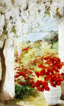 Tableau Coquelicots devant un paysage, peinture sur toile, 100x60 cm