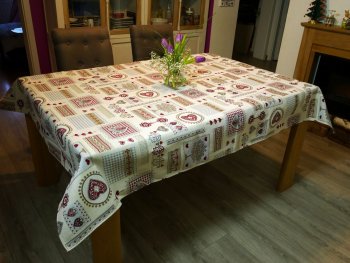 Nappe Arbre de vie, coeurs, sur fond beige, rectangulaire, polycoton jacquard