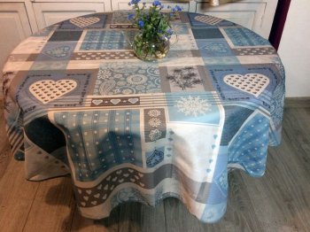 Nappe ronde Patch Coeurs, edelweiss, flocons de neige, bleu ou orange, Ø180 cm, 100% polyester anti-taches
