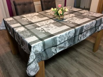 Nappe Carreaux fleurs, gris-blanc, rectangulaire 100% polyester anti-taches