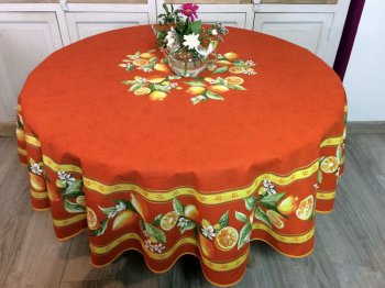 Nappe provençale ronde Citrons sur fond orange, bleu ou vert, Ø180 cm, 100% coton et 100% coton enduit anti-taches