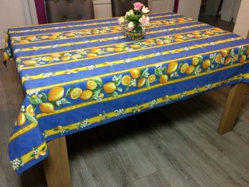 Nappe provençale Citrons sur fond bleu ou vert ou orange, rectangulaire linéaire, 100% coton ou coton enduit anti-taches