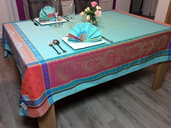 Nappe Vaucluse, turquoise réversible, rectangulaire, 100% coton Jacquard traité Téflon, déperlant et anti-taches
