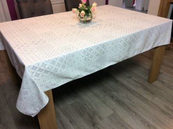 Nappe Style Azulejos-carreaux de ciment, fond blanc-gris réversible, rectangulaire 100% polyester anti-taches Traité Téflon