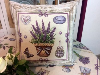 Housse de coussin, Pot de  lavande, bordurée lambris, carrée 45x45cm, polycoton jacquard