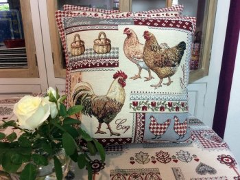 Housse de coussin, Coq et poules, beige, rouge, gris, carrée 45x45 cm, polycoton jacquard