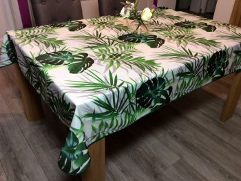 Nappe Canopé feuillage exotique, sur fond écru, rectangulaire 150x200, 100% polyester anti-taches