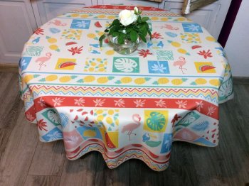 Nappe Fruits, oiseaux, feuillage, multicolore, ronde Ø160 cm, 100% polyester anti-taches