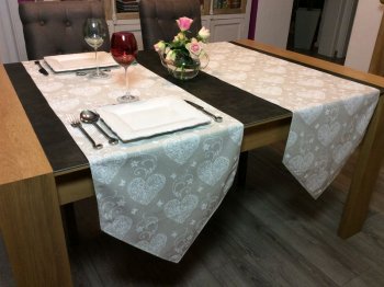 Chemin de Table Coeurs en arabesques, effet lin, 46x175 cm, polycoton
