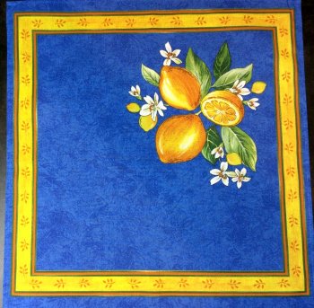 Serviette provençale Citrons sur fond bleu, vert, orange ou blanc, 42x42 cm, 100% coton
