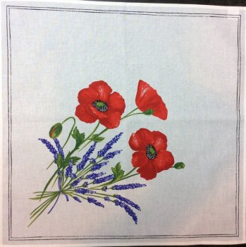 Serviette provençale Coquelicots, fond écru, jaune ou bleu, 42x42 cm, 100% coton