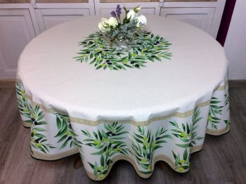 Nappe provençale Maussane olives, centrée sur fond écru, ronde Ø 180 cm, 100% coton