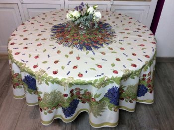 Nappe provençale Roses Lavande centrée, ronde Ø 180 cm, 100% coton ou coton enduit anti-taches