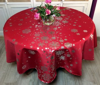 Nappe Constellation Noël, flocons argentés, rouge ou gris clair, ronde Ø180 cm, 100% polyester anti-taches
