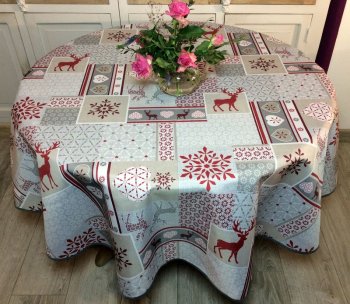 Nappe d’Hiver, Rennes rouges, flocons de neige et cœurs, gris, ronde Ø 180 cm, 100% polyester anti-taches