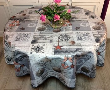 Nappe Hivernale, boules, flocons, étoiles, gris, marron, ronde 1Ø 180 cm, 100% polyester anti-taches