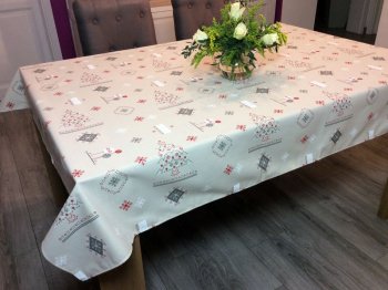 Nappe de Noël, Sapins stylisés sur fond écru, rectangulaire, polycoton