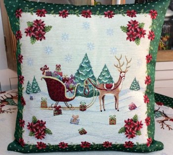 Housse de coussin Noël, Traîneau de rennes, vert-rouge, carrée 45x45 cm, polycoton jacquard