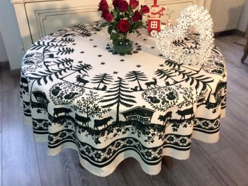 Nappe Montagne, arbres, rennes, vaches, écureuils, vert, ronde Ø 180 cm, 100% coton natté
