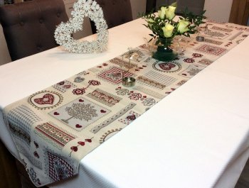 Chemin de Table, Arbre de vie et Coeurs sur fond beige, polycoton jacquard