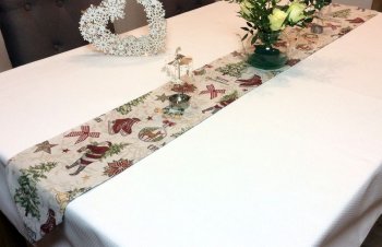 Chemin de Table, Père Noël, sapins et étoiles, 21x175 cm, polycoton jacquard
