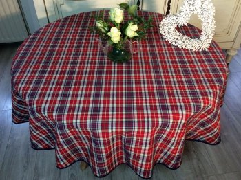 Nappe Kelsch rouge-bleu-écru, carreaux, ronde Ø 160 cm, 100% coton tissé