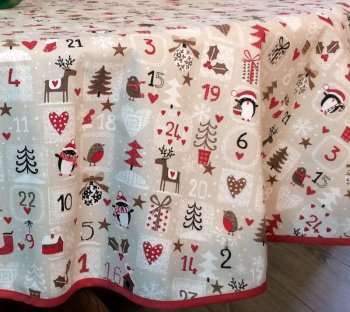 Nappe de Noël, Calendrier de l'Avent all-over, sur fond écru, rectangulaire 160x250 cm, 100% coton