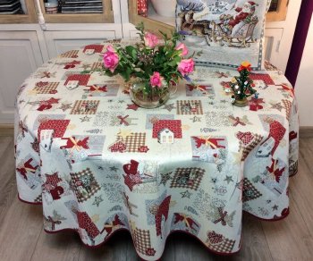 Nappe de Noël, Lurex rennes, étoiles, moufles, beige, ronde Ø 160 cm, polycoton jacquard réversible