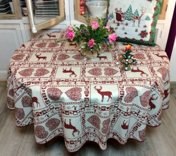 Nappe Vanoise, coeurs et cerfs rouges dans carreaux, sur fond beige, ronde Ø 180 cm, polycoton